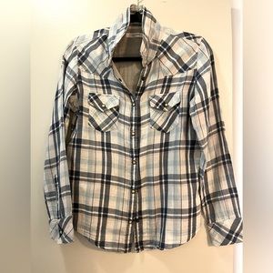 Woman’s Button Down Shirt Tartan Check Blue and Grey Ling Sleeve